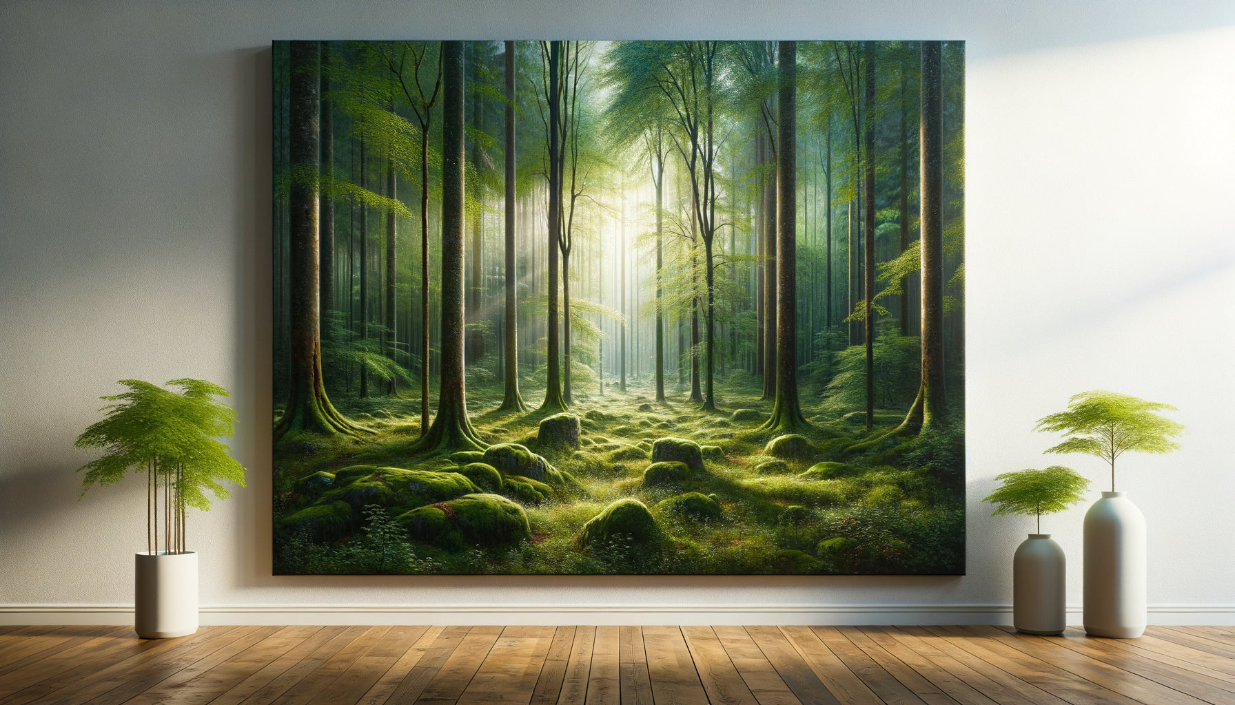 Peinture réaliste de forêt luxuriante sur toile, lumière douce filtrant entre les arbres, effet fenêtre psychologique vers la nature