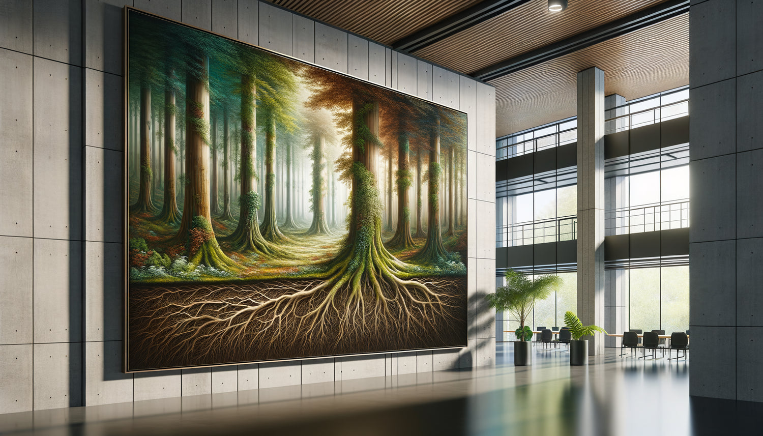 Tableau contemporain de forêt interconnectée ornant un siège social moderne, symbolisant écosystème et croissance organique d'entreprise