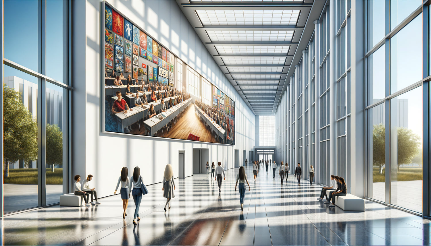 Tableau panoramique horizontal format allongé accroché dans un corridor d'école moderne lumineux