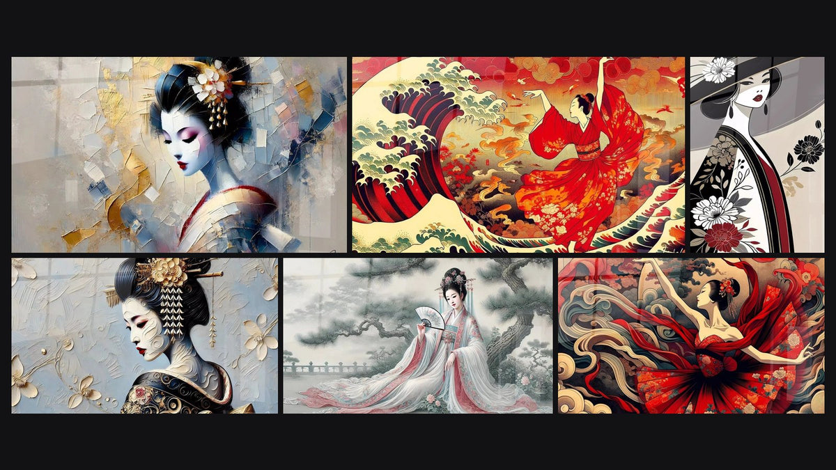 Mosaic of six paintings, including Geisha in Bloom, Spring Elegance and Silk Whirlwind