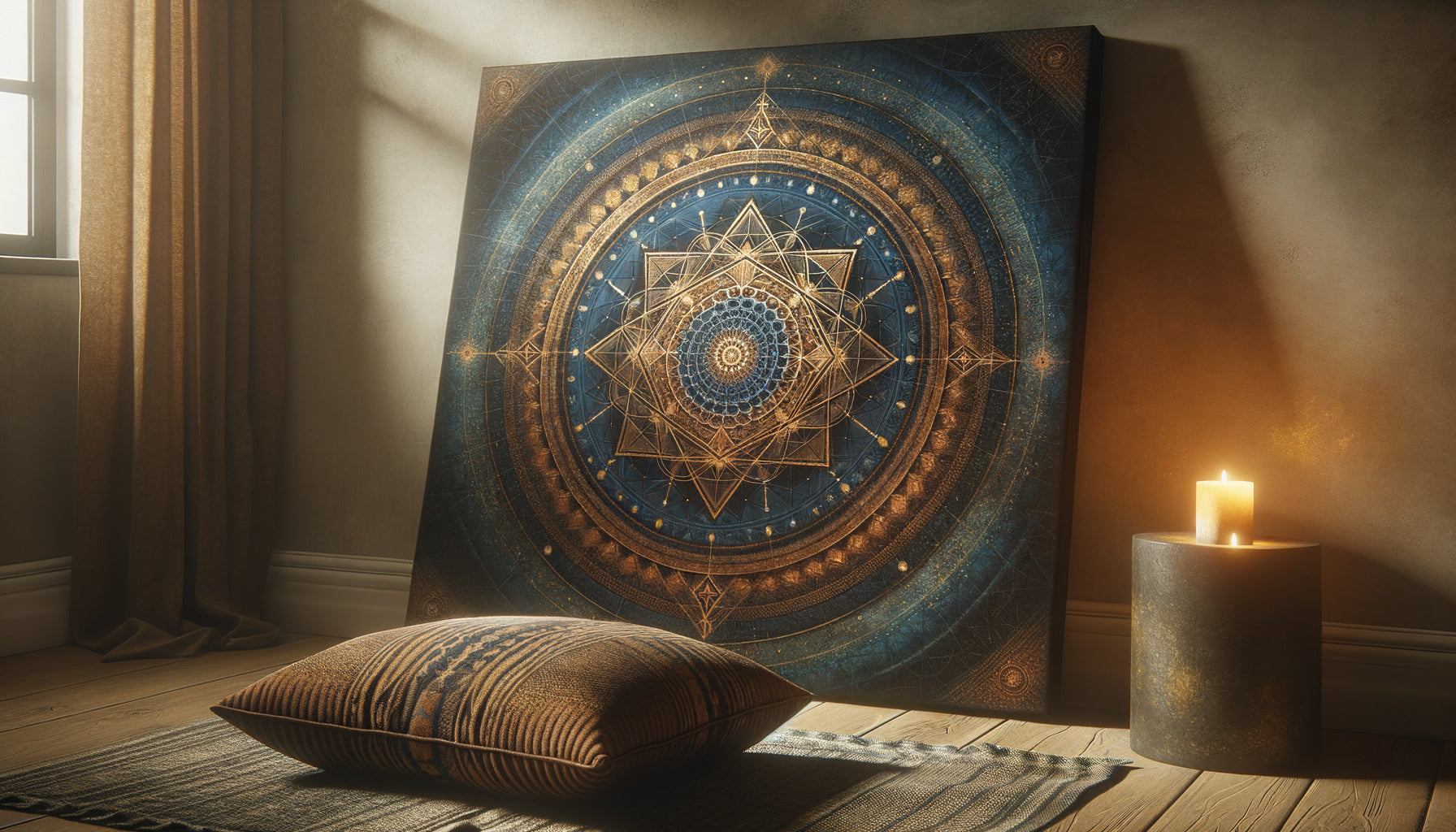 Mandala Sri Yantra en géométrie sacrée dorée sur fond indigo dans espace méditatif authentique