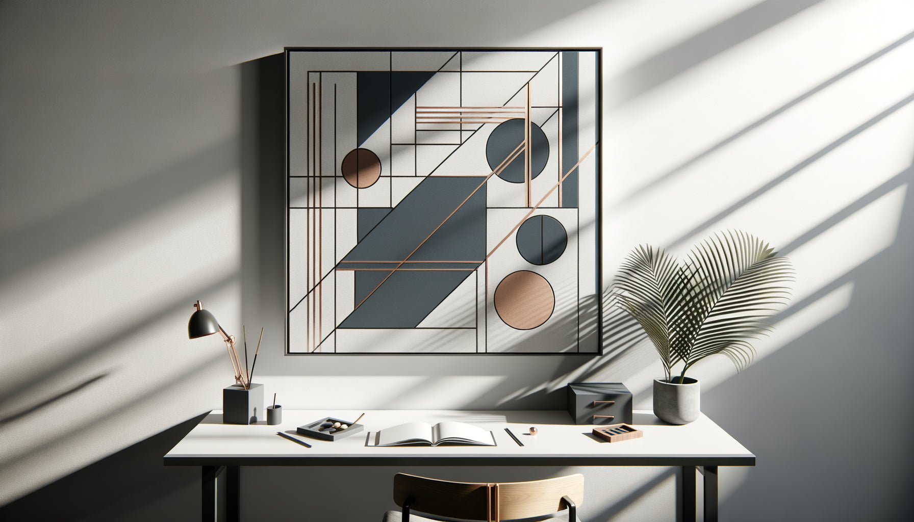 Tableau géométrique minimaliste contemporain aux lignes épurées dans un espace de travail moderne et structuré