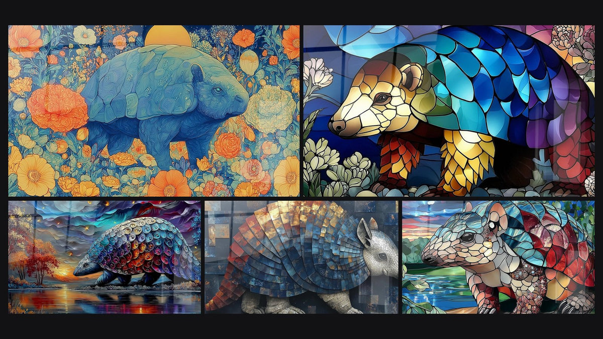 Mosaic of five paintings, including Fantastic Glyptodon, Glyptodon Mosaic and Glyptodon Colorful Stained Glass