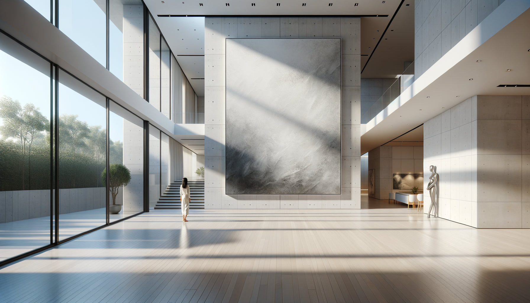 Tableau monumental de grand format servant de point de repère visuel structurant dans un intérieur contemporain minimaliste