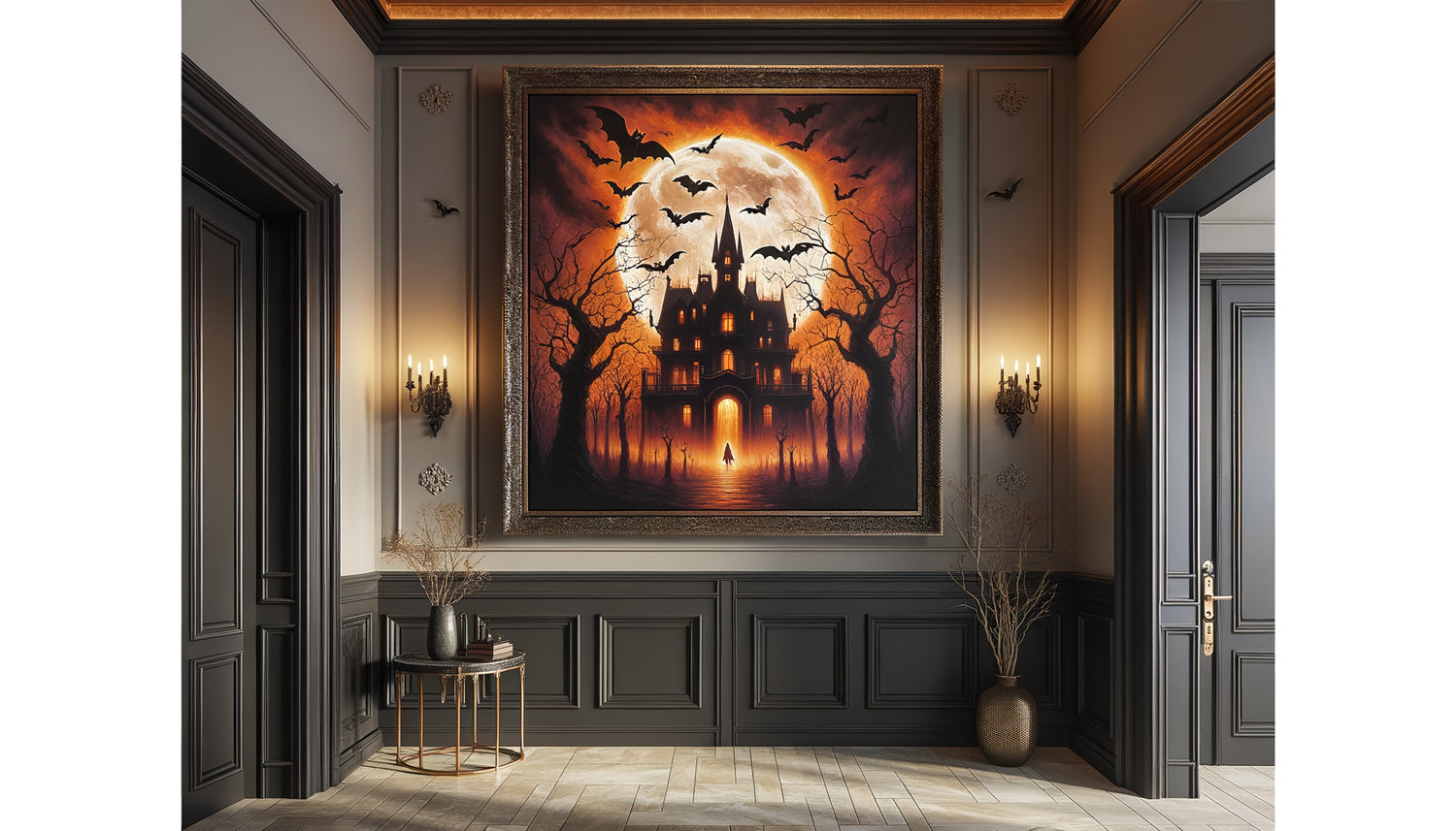 Grand tableau Halloween format paysage dans hall d'entrée contemporain avec manoir hanté et lune orange