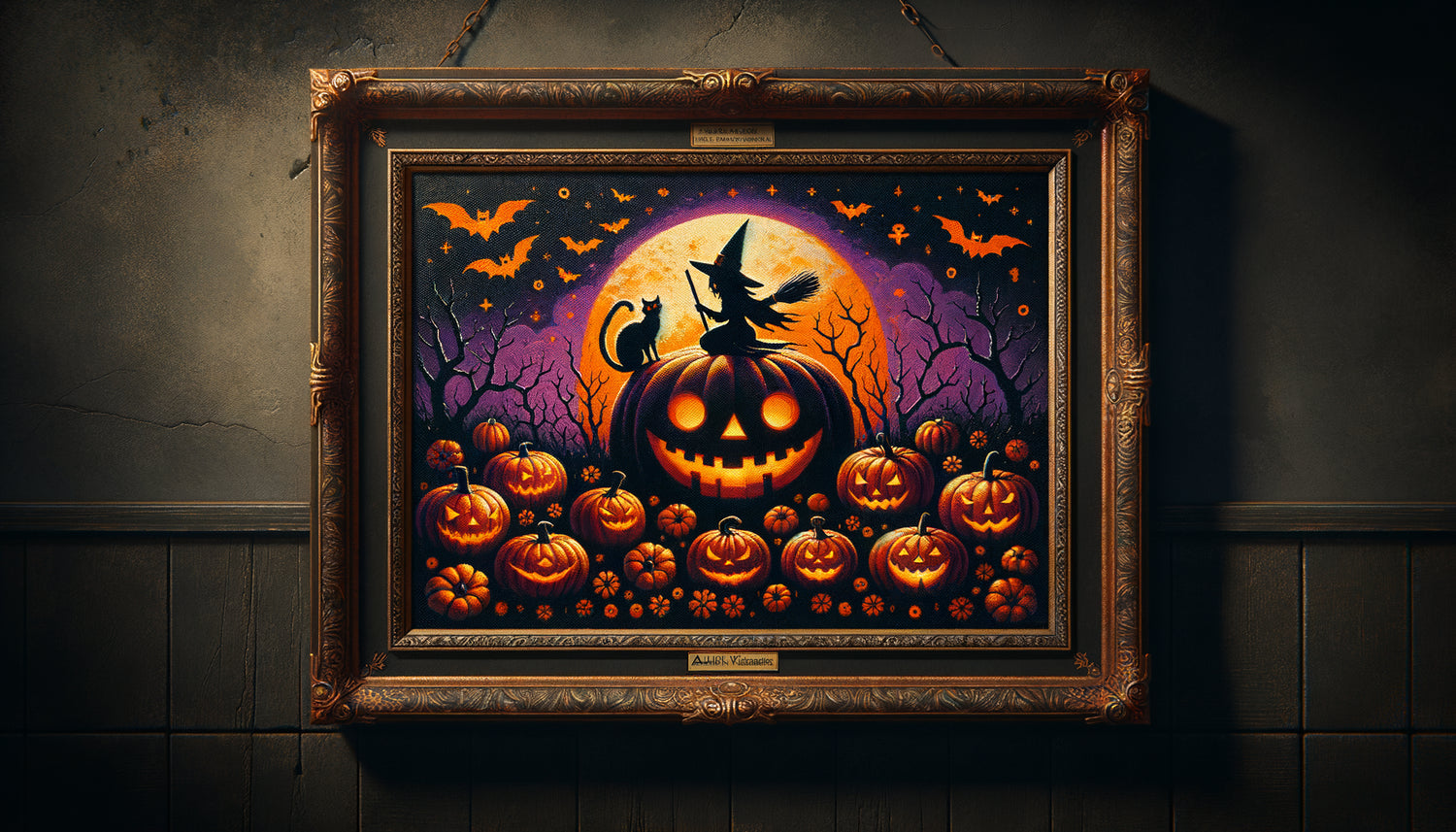 Tableau Halloween vintage années 1950 aux couleurs vives protégé par verre anti-UV, style folk art américain rétro