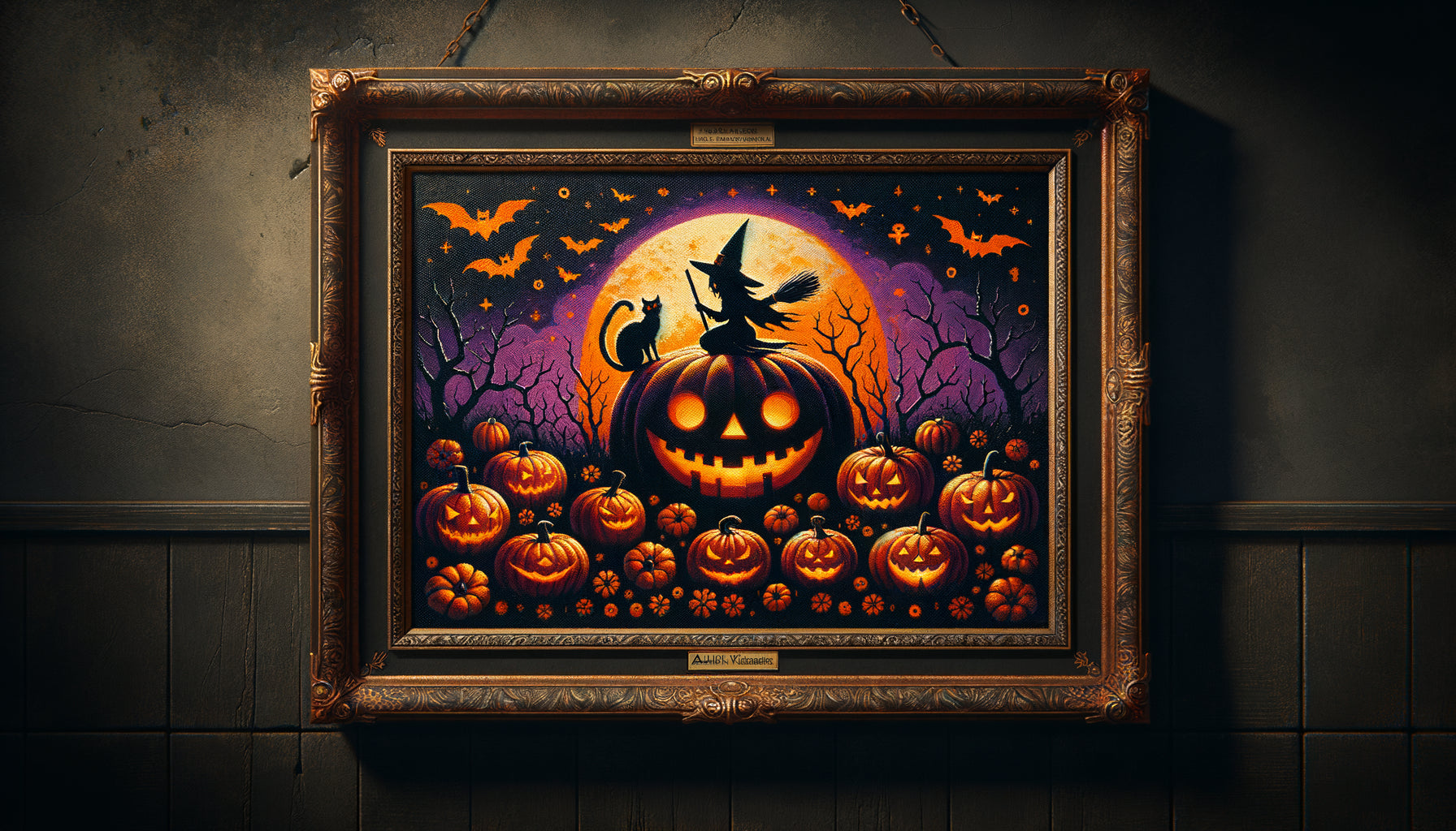 Tableau Halloween vintage années 1950 aux couleurs vives protégé par verre anti-UV, style folk art américain rétro