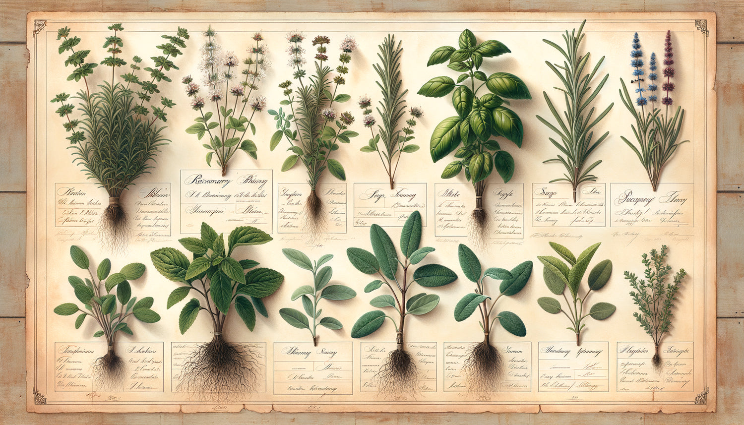 Planche botanique vintage d'herbes aromatiques style herbier scientifique, basilic thym romarin, illustration éducative décorative