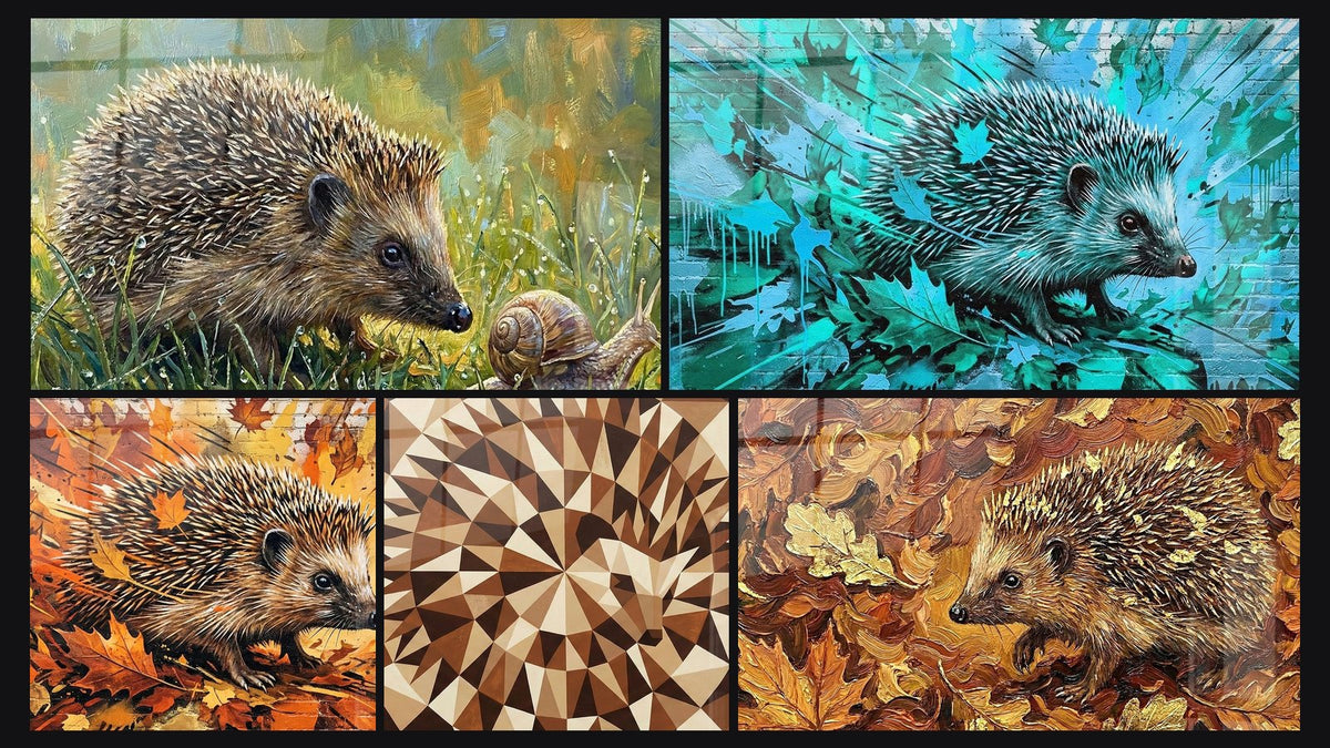Mosaic of five paintings, including Faceted Origami Hedgehog Warm Tones