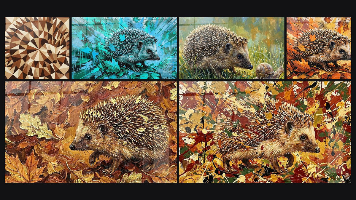 Mosaic of six paintings, including Faceted Origami Hedgehog Warm Tones