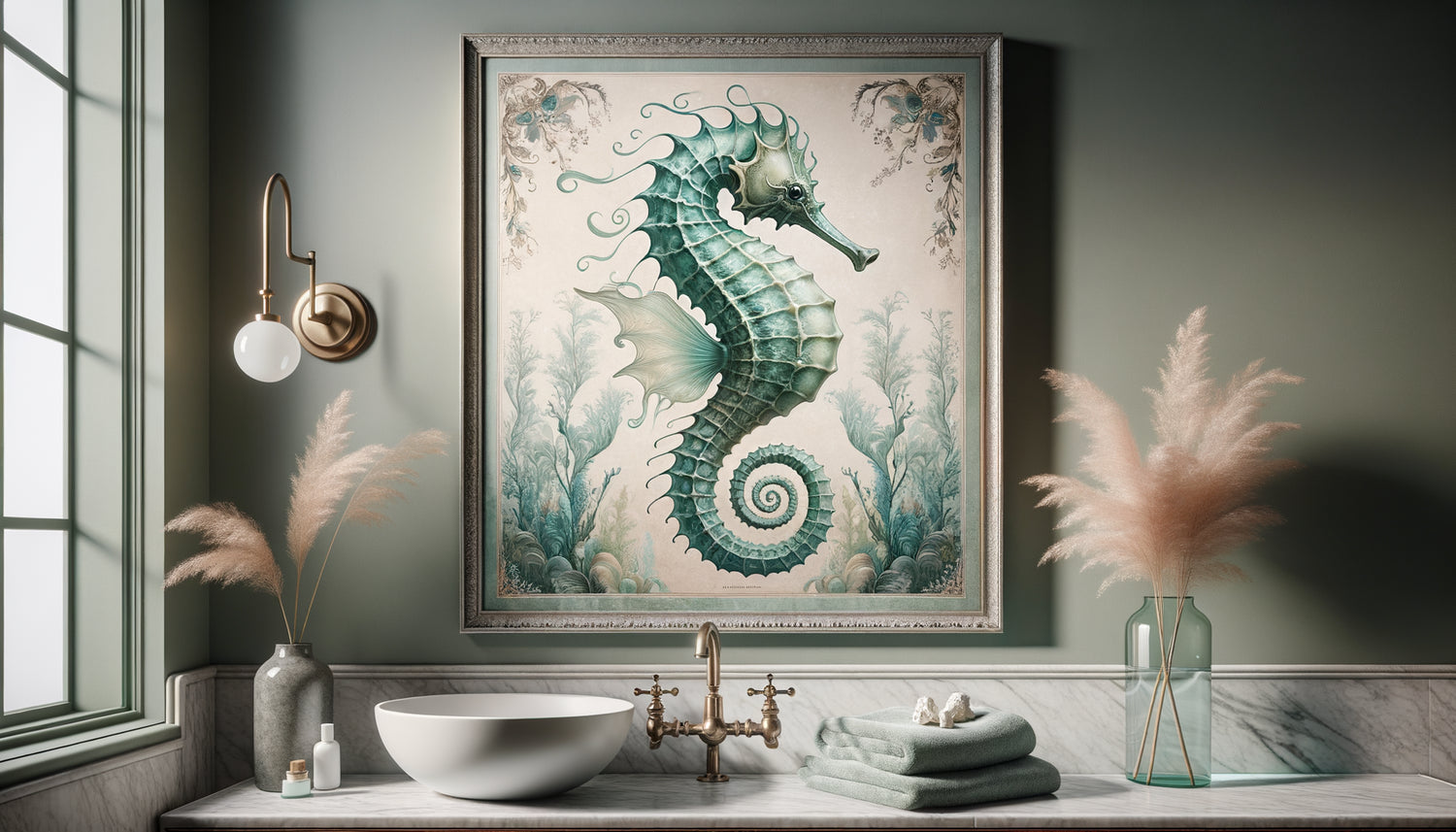 Tableau encadré d'hippocampe style naturaliste fantastique dans salle de bain contemporaine aux tons aquatiques apaisants