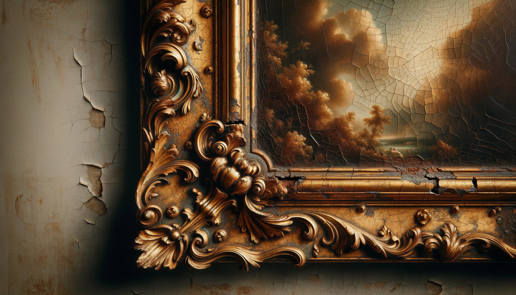 Gros plan d'un tableau ancien du 18ème siècle montrant craquelures, vernis jauni et dégradations nécessitant restauration