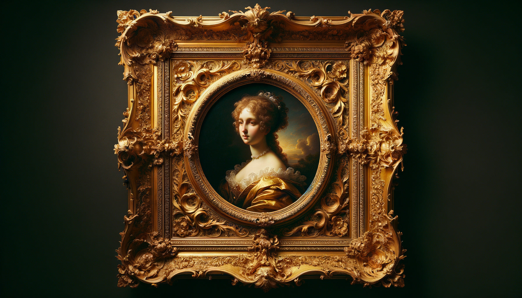 Détail de tableau ancien dans cadre baroque doré d'époque avec ornements sculptés et patine authentique