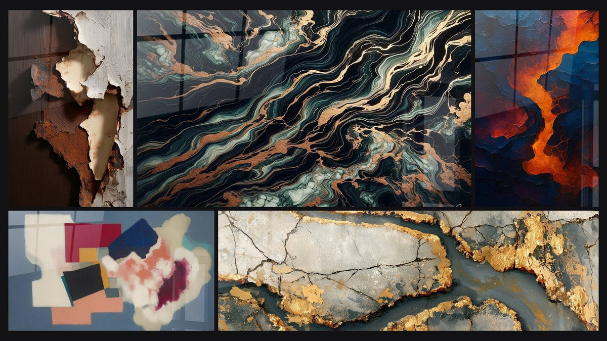 Mosaico de cinco cuadros, entre ellos Flujo Aurífero y Formas geométricas poesía cuadrada