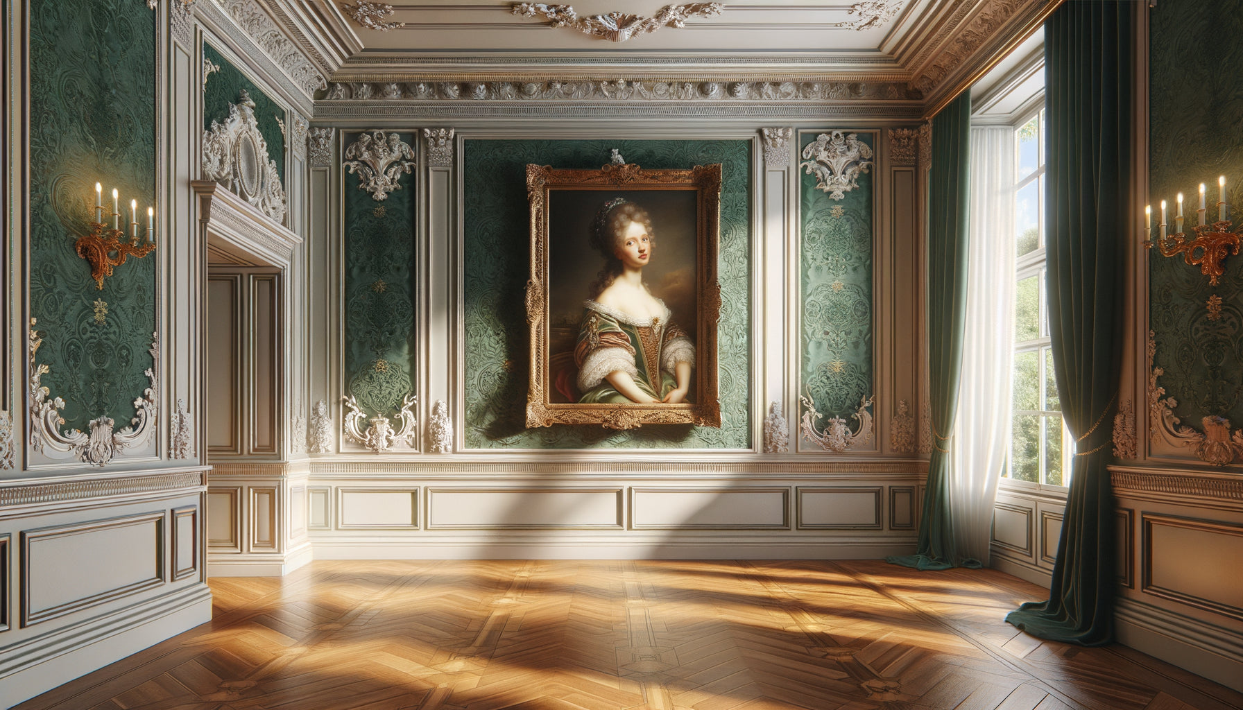 Portrait néoclassique encadré dans un intérieur classique avec boiseries et éclairage muséal élégant