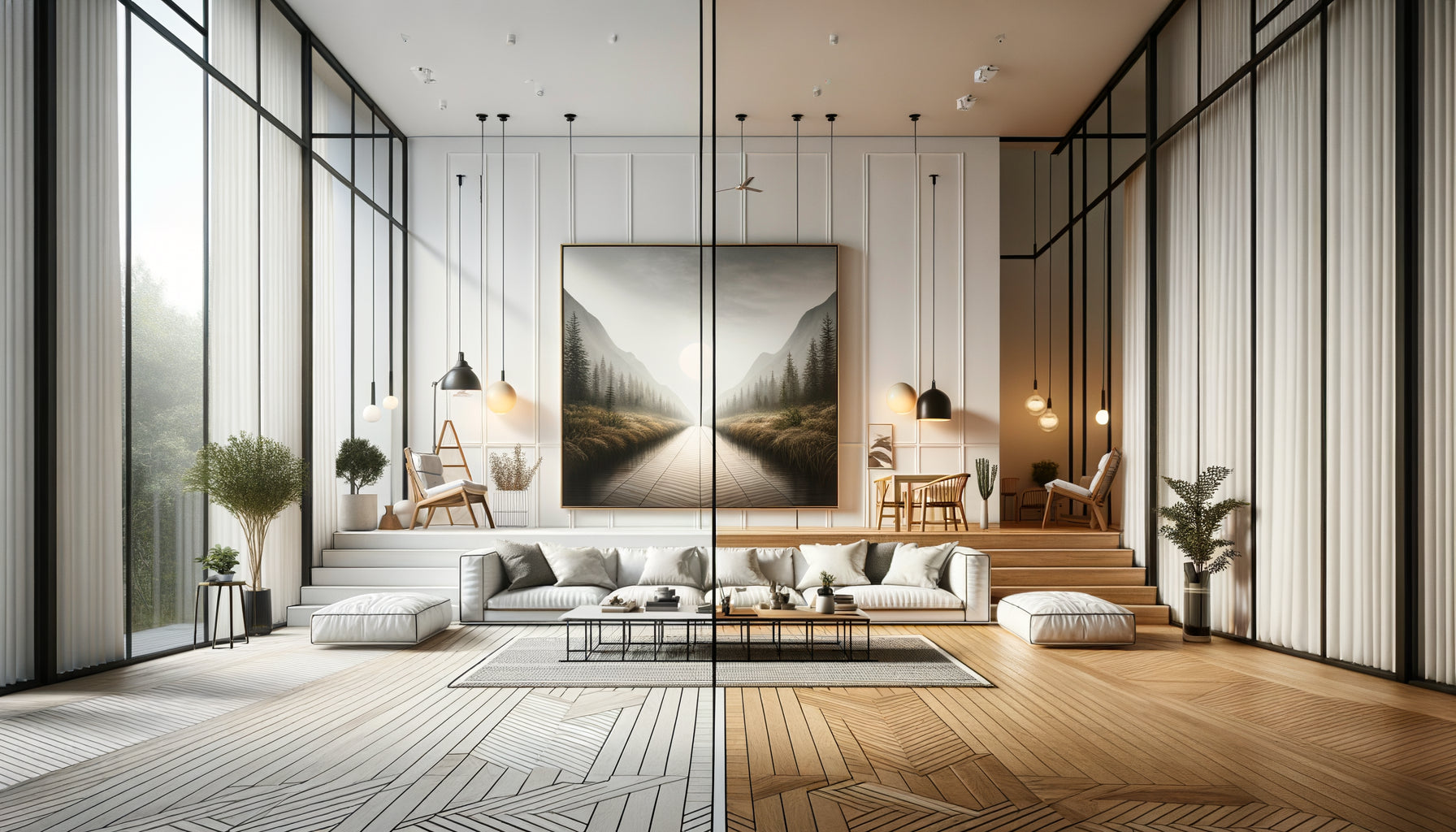 Comparaison visuelle d'un tableau horizontal et vertical sur un même mur moderne pour illustrer le choix d'orientation