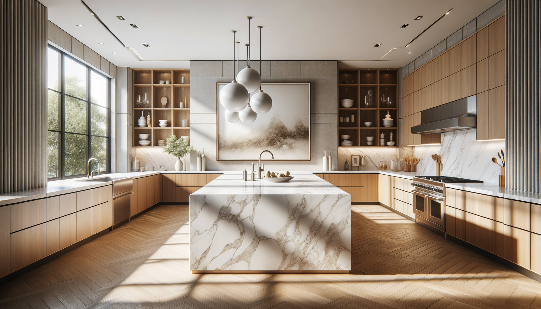 Cuisine moderne avec îlot central et tableau aux proportions idéales suivant la règle des deux tiers