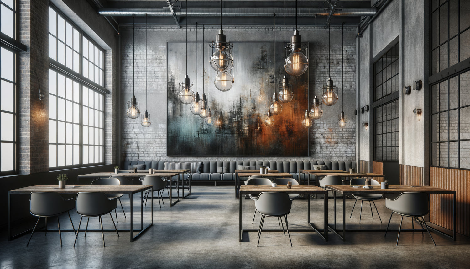 Espace de coworking moderne avec tableau industriel abstrait sur mur de briques exposées et mobilier style loft