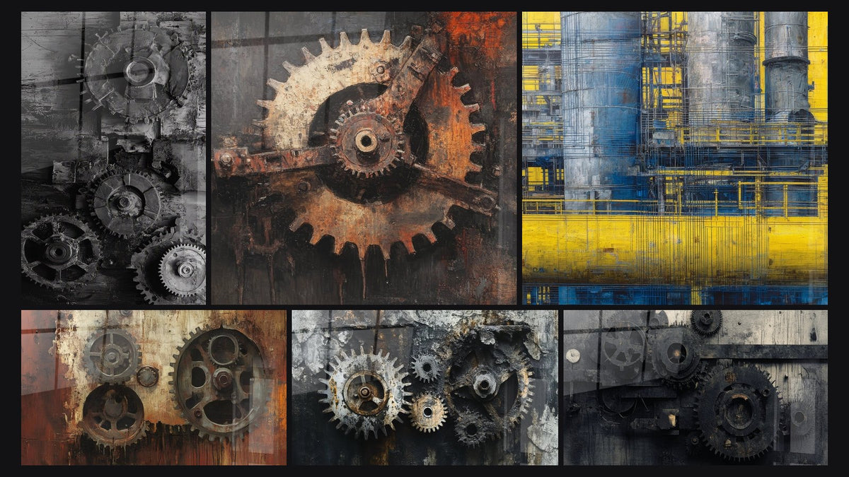 Mosaik aus sechs Gemälden, darunter Alte Industrie-Zahnräder, Industrielle Zahnräder und Rostiges Zahnräder