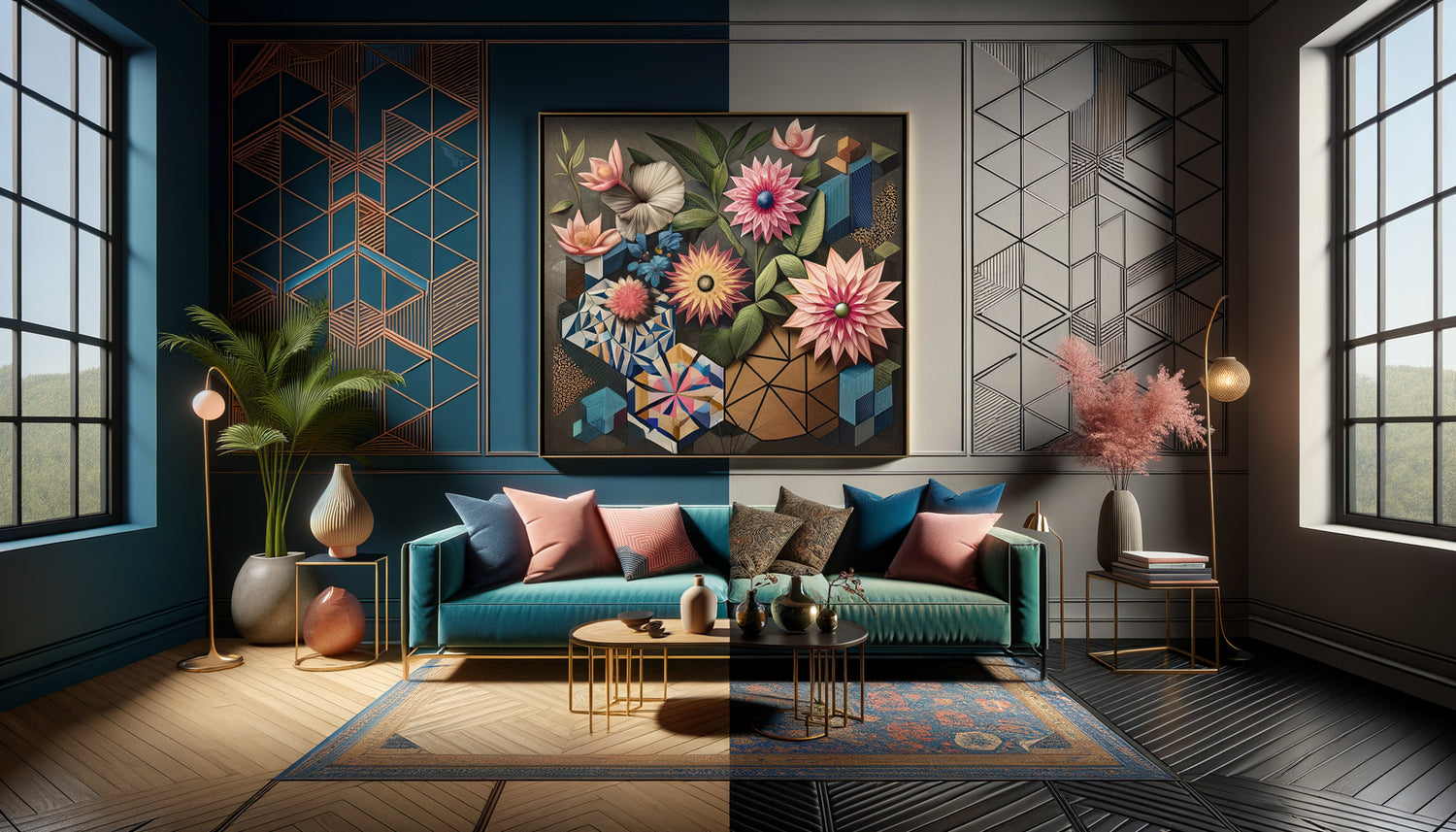 Comparaison visuelle entre tableau tendance éphémère et œuvre intemporelle aux tons classiques dans un intérieur