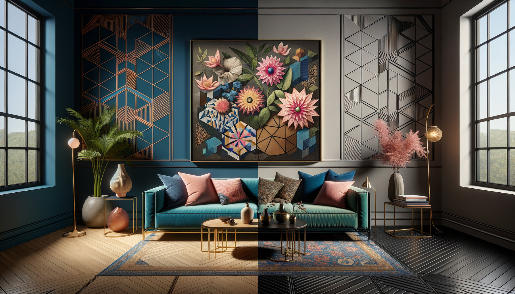 Comparaison visuelle entre tableau tendance éphémère et œuvre intemporelle aux tons classiques dans un intérieur