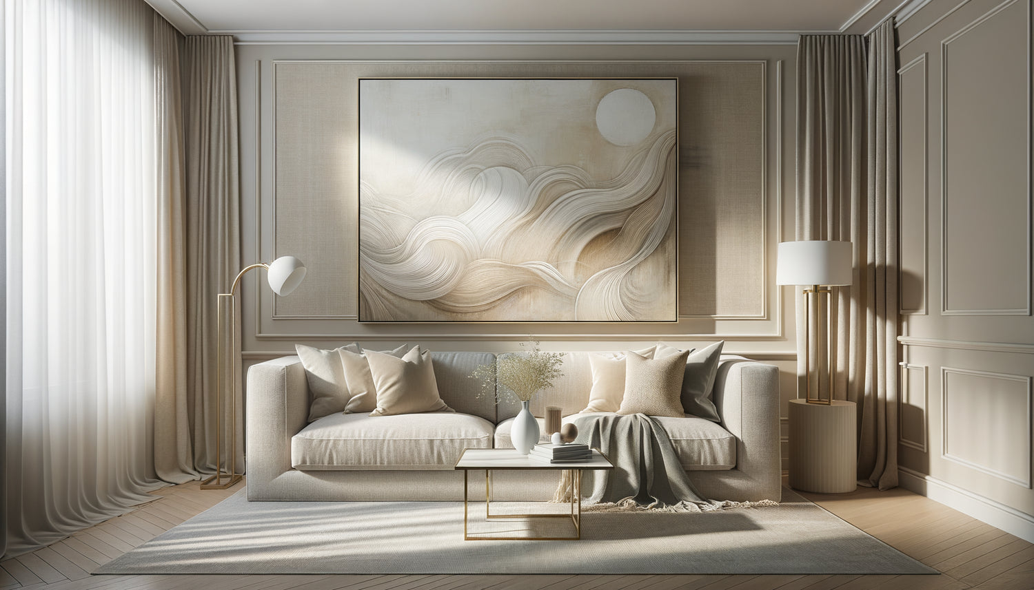 Tableau abstrait ivoire et écru dans intérieur Airbnb élégant, palette apaisante pour clientèle senior