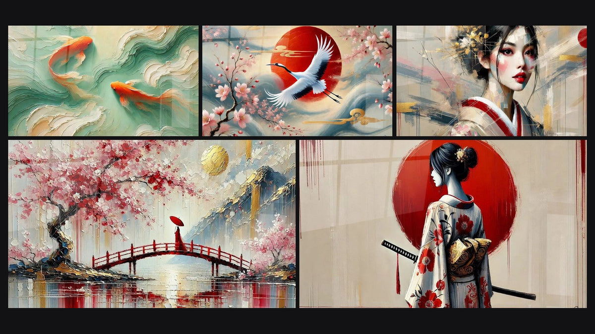 Mozaïek van vijf schilderijen, waaronder Koi in Symbiose, Onder de Japanse Hemel en Portret van een Muze