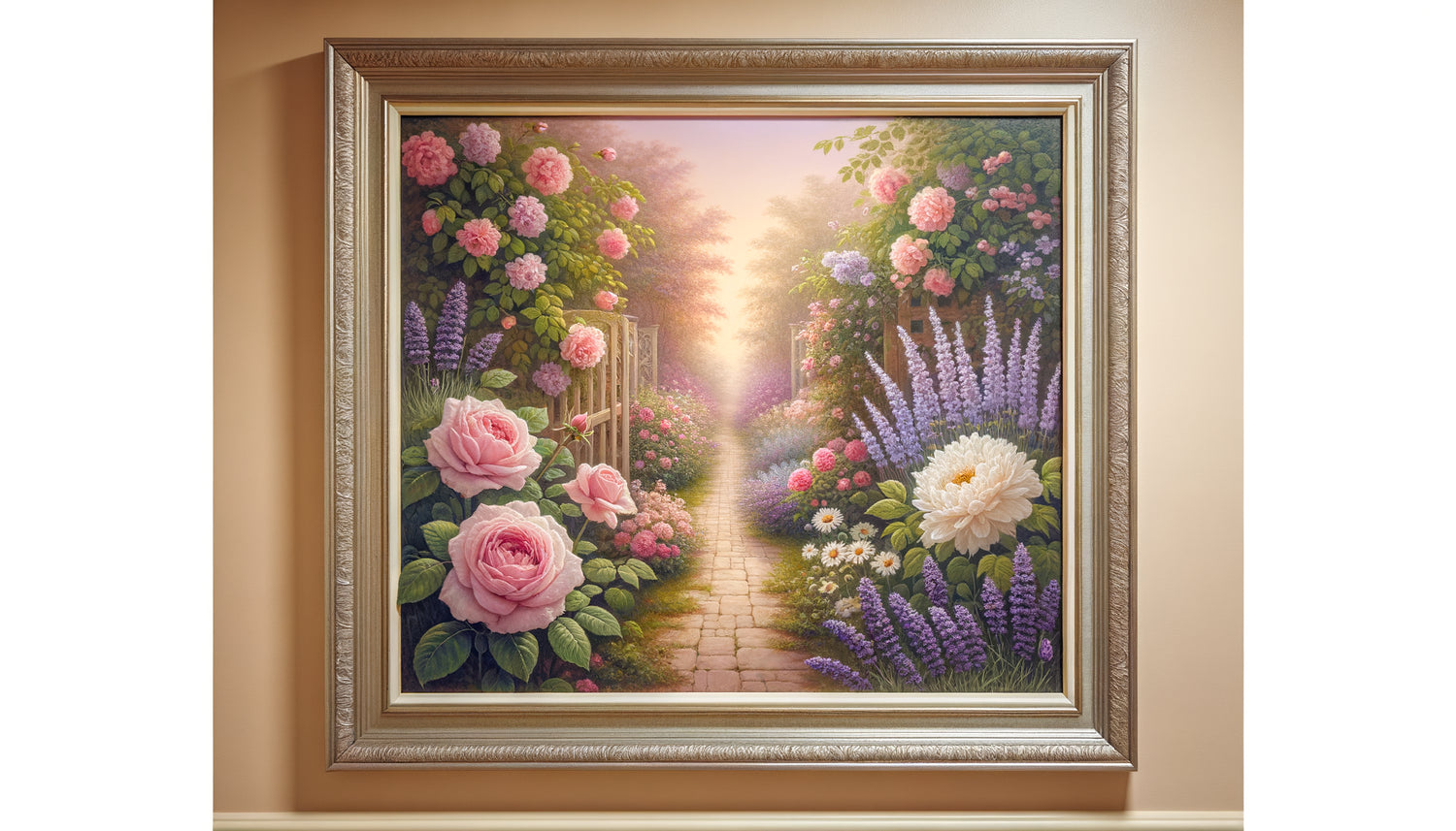 Tableau de jardin fleuri aux tons pastel apaisants dans une résidence seniors, style impressionniste thérapeutique