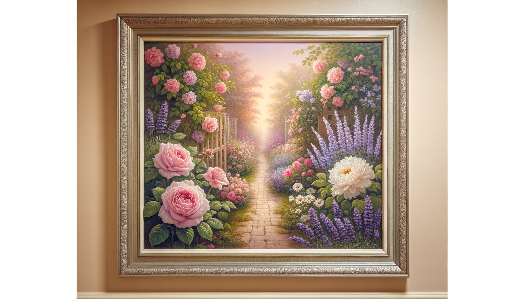 Tableau de jardin fleuri aux tons pastel apaisants dans une résidence seniors, style impressionniste thérapeutique