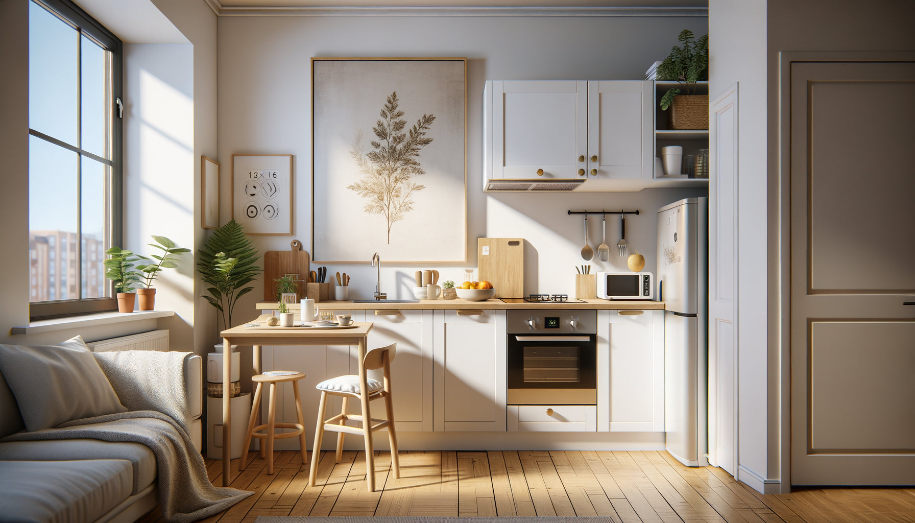 Kitchenette d'appartement étudiant avec tableau décoratif aux dimensions adaptées au petit espace