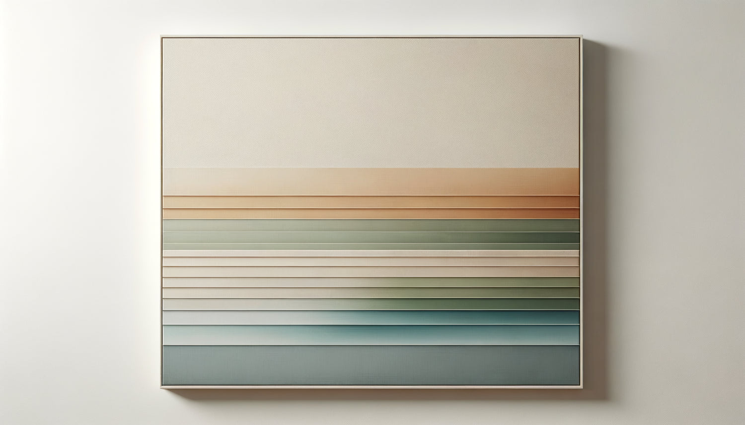 Tableau minimaliste contemporain aux lignes horizontales douces dégradées, tons beige, vert sauge et bleu apaisant