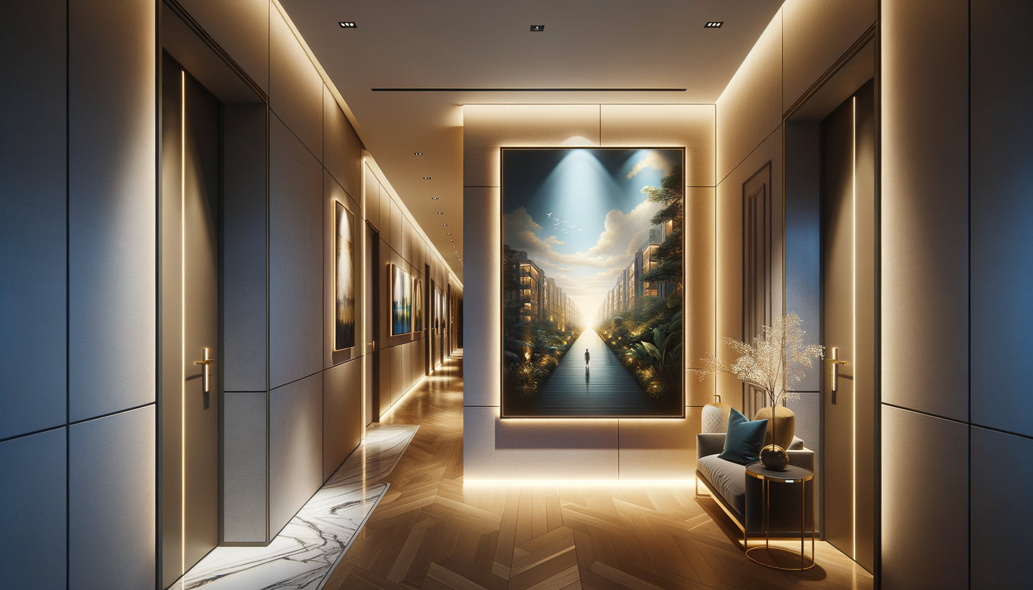 Tableau lumineux LED installé dans un couloir sombre diffusant une lumière douce et décorative