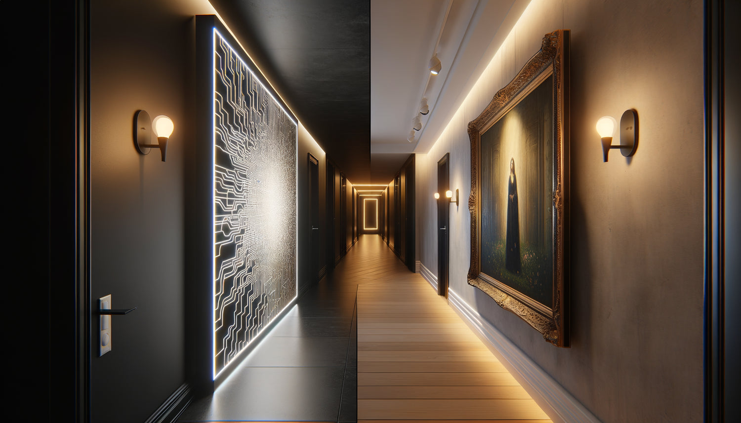 Comparaison visuelle entre tableau lumineux LED rétroéclairé et œuvre traditionnelle avec éclairage dans couloir sombre contemporain