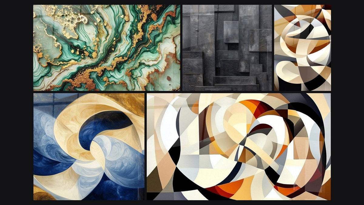 Mosaïque de cinq tableaux, dont Marbrures Mystiques, Souffle Divin Blanc et Formes circulaires entrelacées