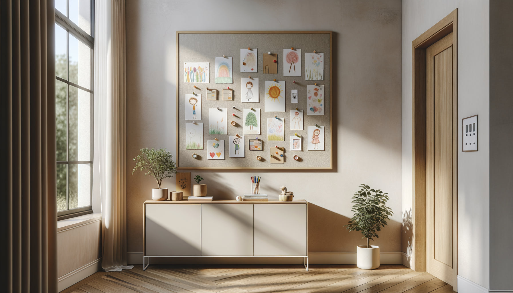 Tableau magnétique mural blanc affichant plusieurs dessins colorés d'enfants dans un intérieur moderne et épuré
