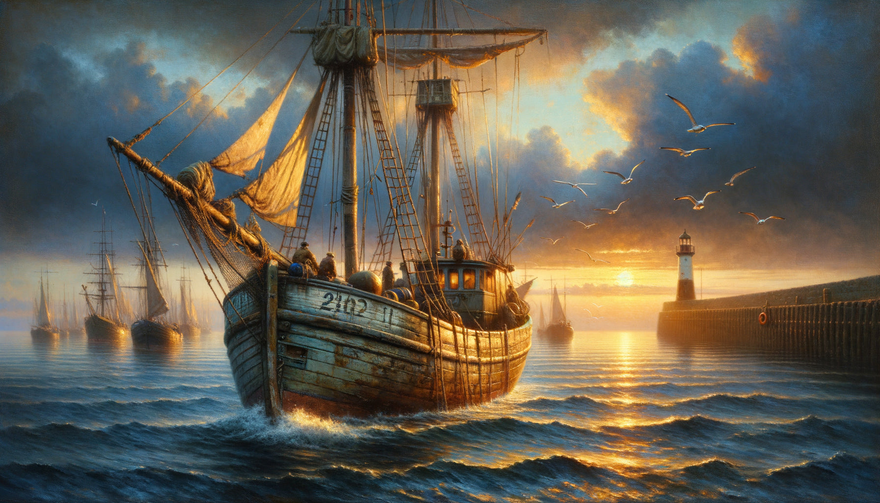 Peinture maritime traditionnelle représentant un bateau de pêche rentrant au port, style réaliste classique avec détails nautiques authentiques