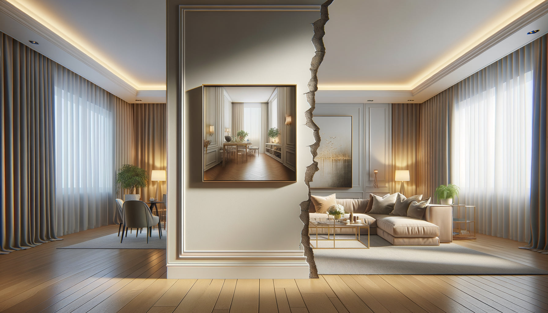 Tableau décoratif positionné stratégiquement sur un mur pour masquer une fissure ou un défaut architectural dans un intérieur moderne