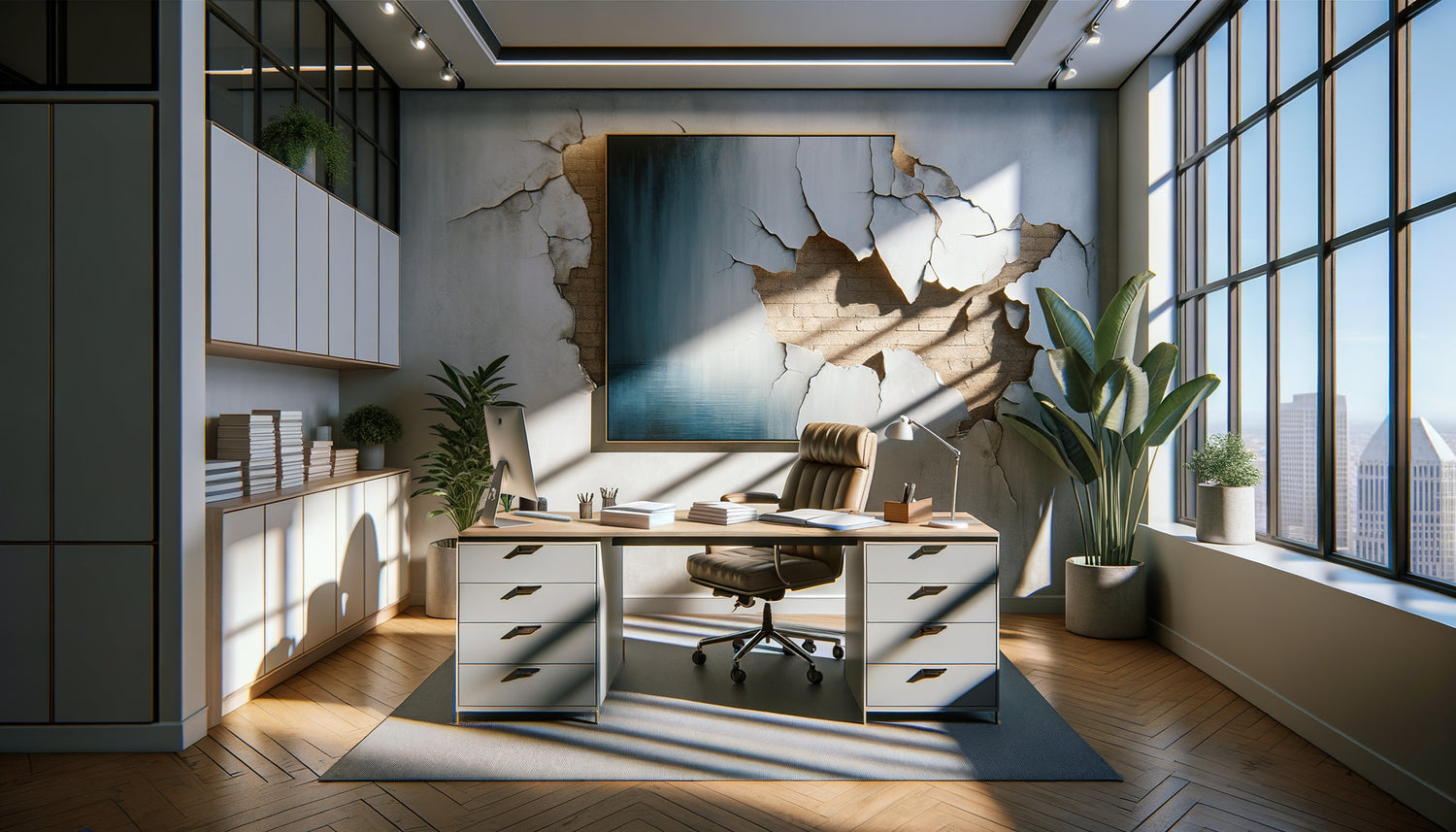 Grand tableau abstrait aux tons apaisants masquant élégamment un mur abîmé dans un cabinet professionnel moderne