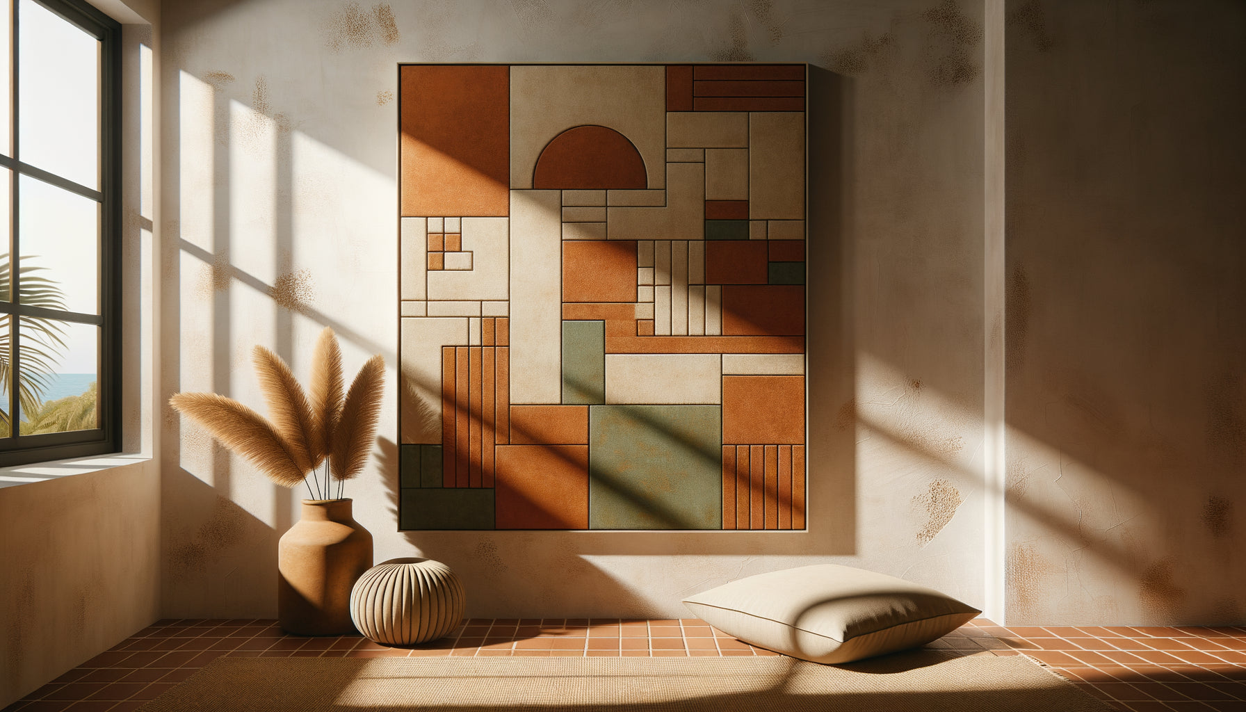 Tableau géométrique abstrait aux tons terracotta et ocre sur mur méditerranéen texturé, décoration Airbnb contemporaine haut de gamme