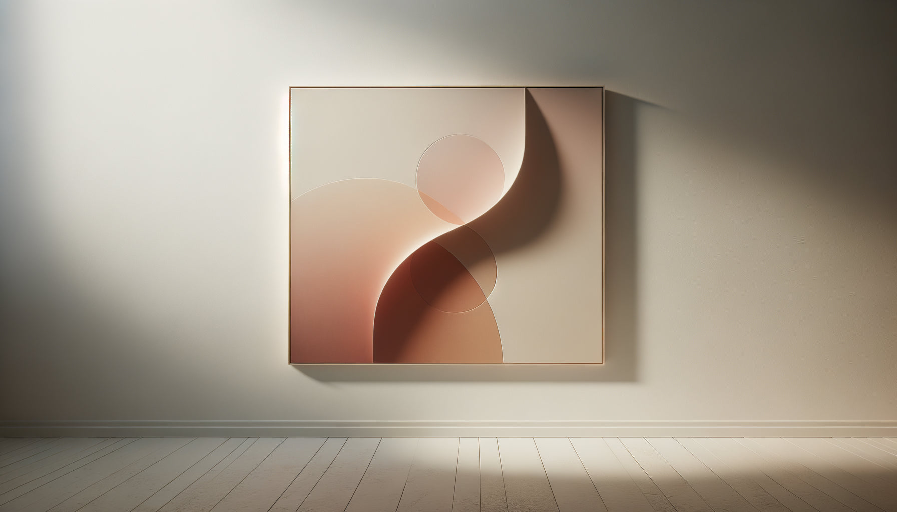 Tableau minimaliste abstrait aux tons roses subtils évoquant l'amour par la simplicité et la sophistication contemporaine