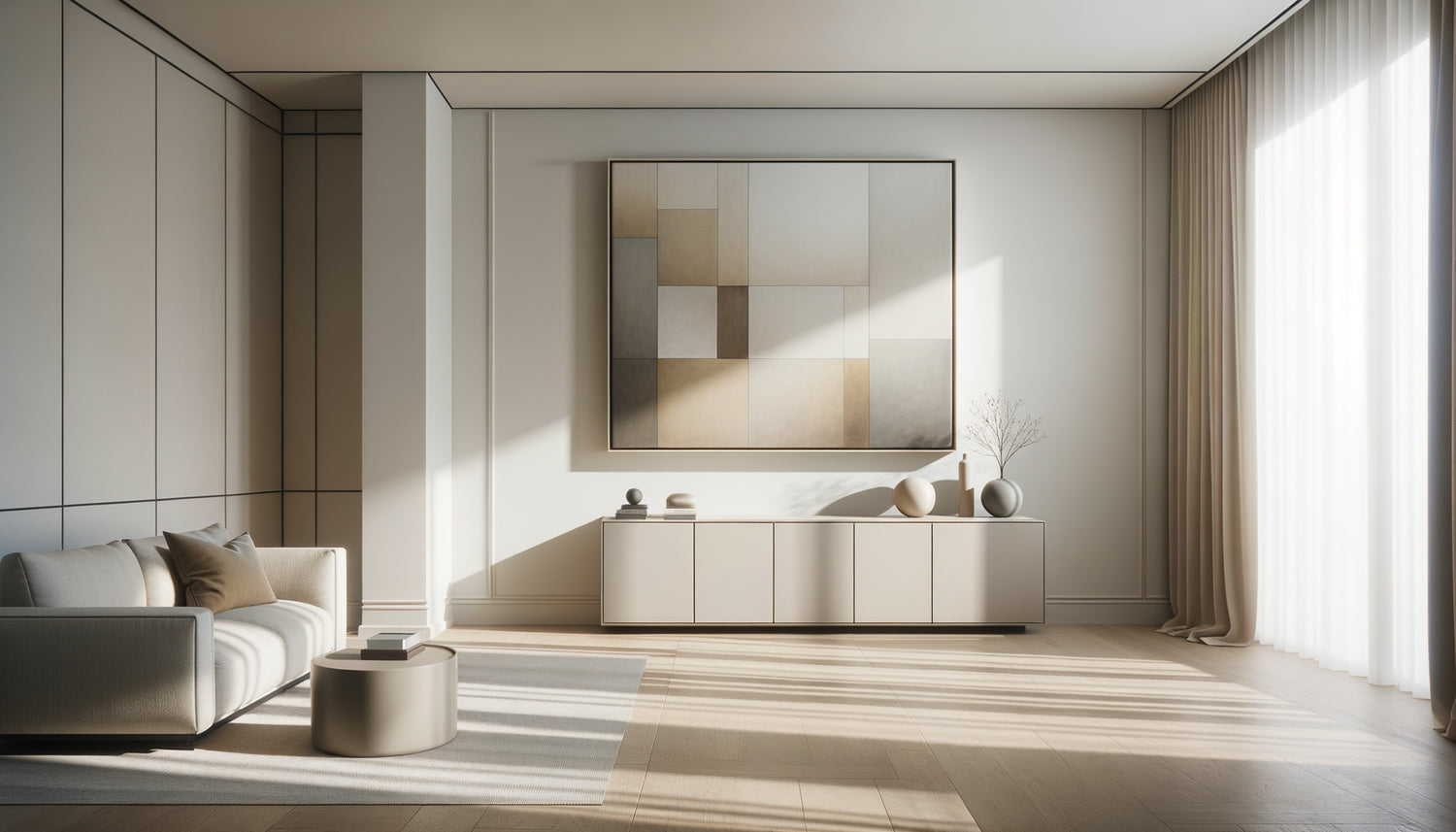 Tableau minimaliste aux tons beiges et gris exposé sur mur blanc dans intérieur contemporain élégant