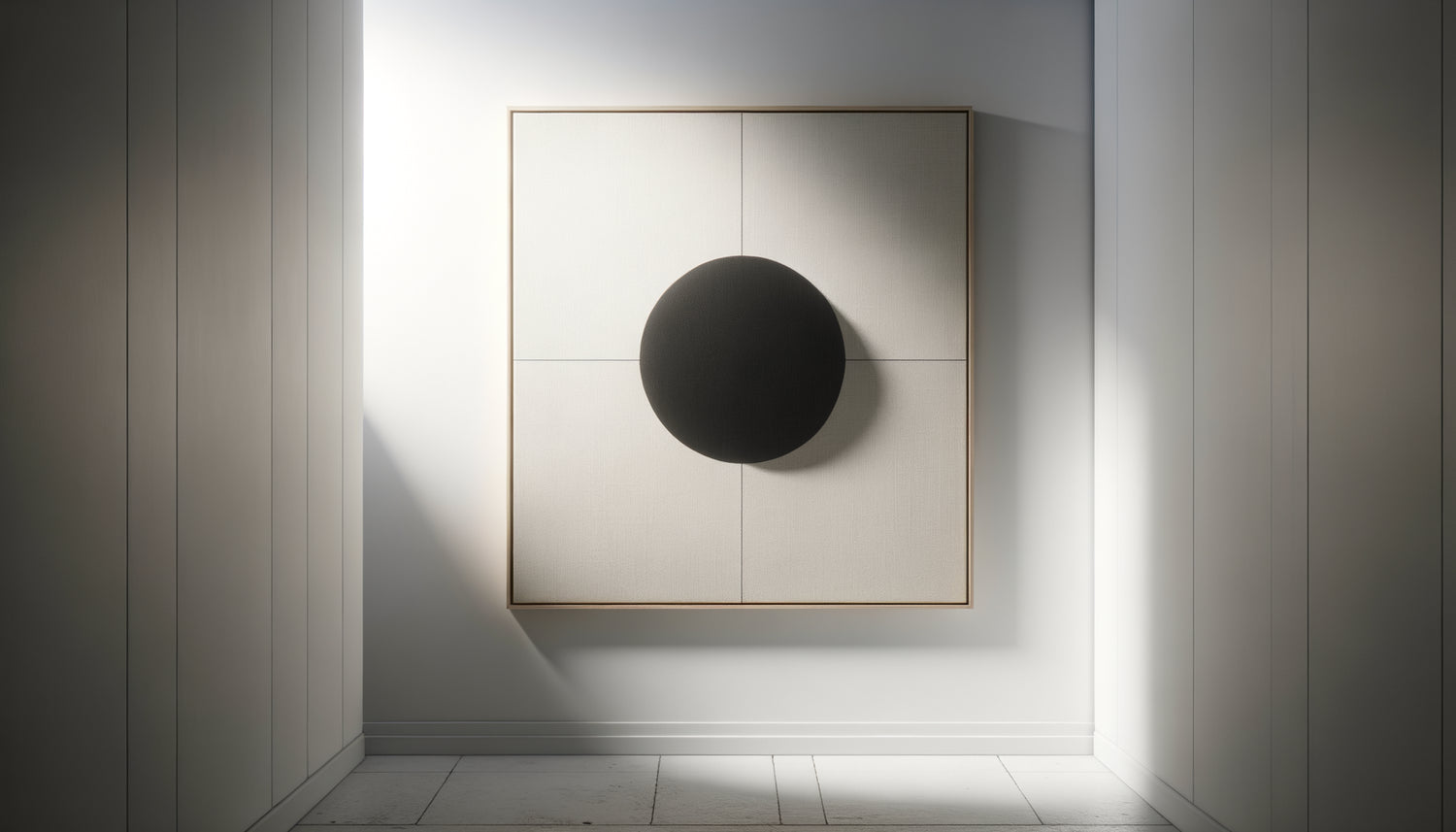 Tableau minimaliste géométrique épuré dans couloir étroit blanc créant respiration visuelle et agrandissement spatial