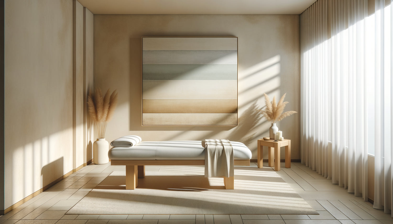 Tableau minimaliste aux tons beiges et gris dans un espace wellness épuré avec table de massage