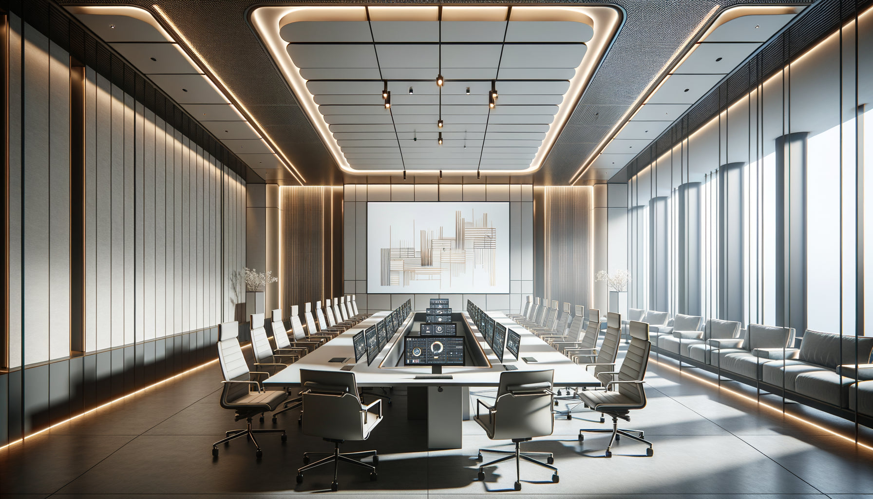 Salle de réunion technologique moderne avec tableau minimaliste géométrique créant un équilibre visuel face aux écrans numériques