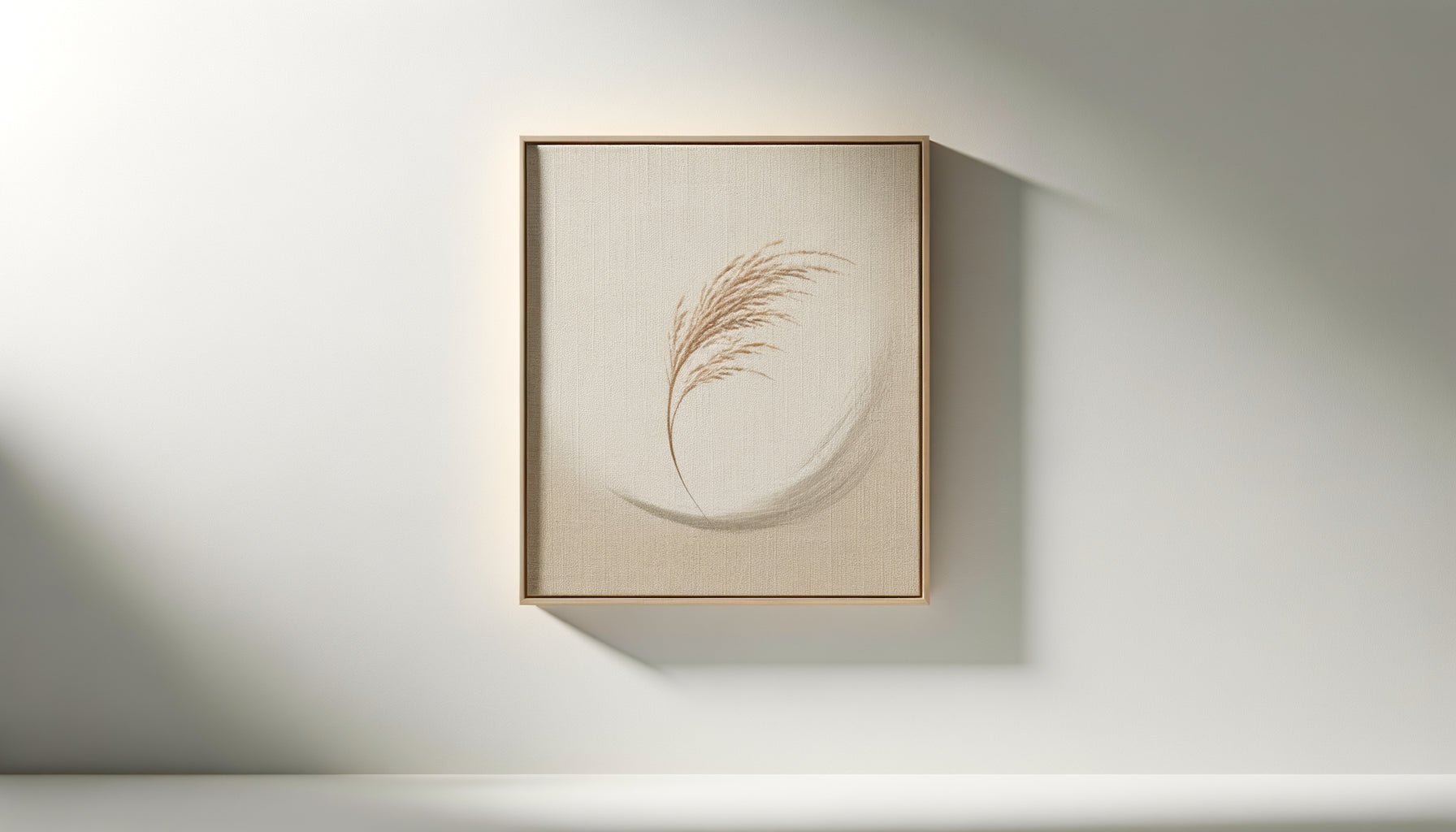 Tableau minimaliste zen aux tons beige sur mur blanc, composition épurée et apaisante illustrant la réduction du stress visuel