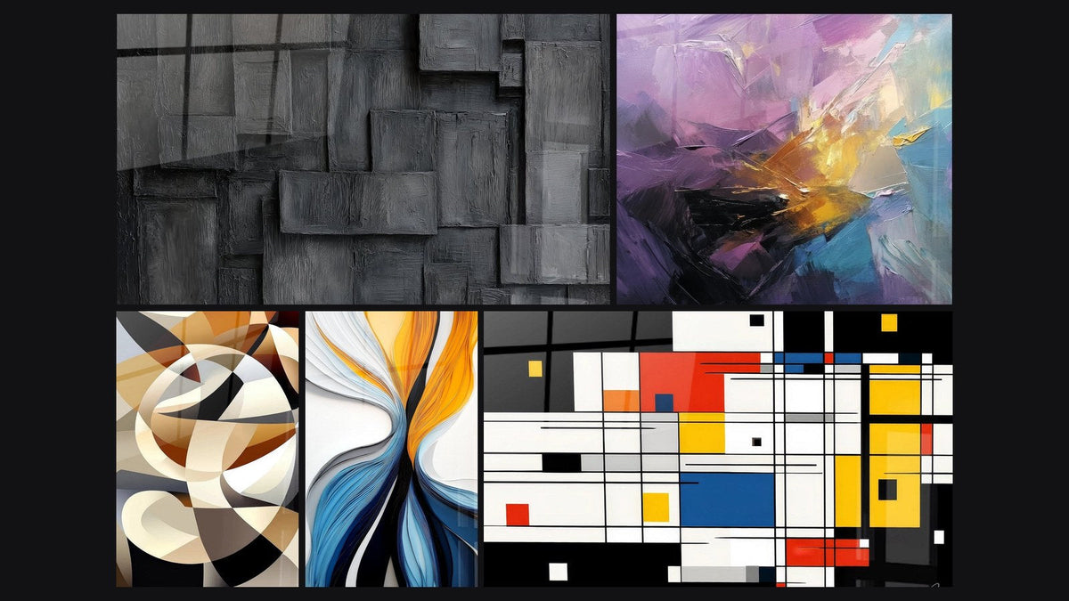 Mosaico de cinco cuadros, entre ellos Formas circulares entrelazadas y Explosión de colores abstracta