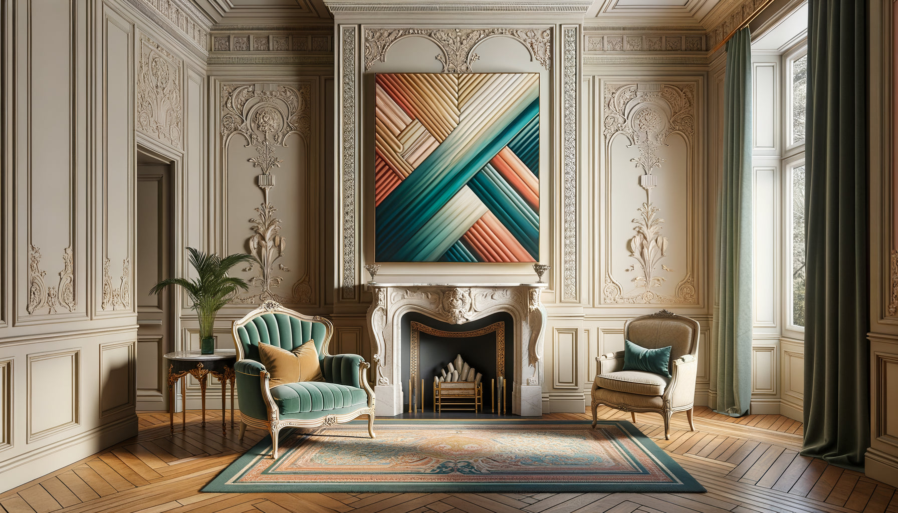 Intérieur classique avec moulures anciennes et tableau moderne abstrait coloré créant un contraste élégant