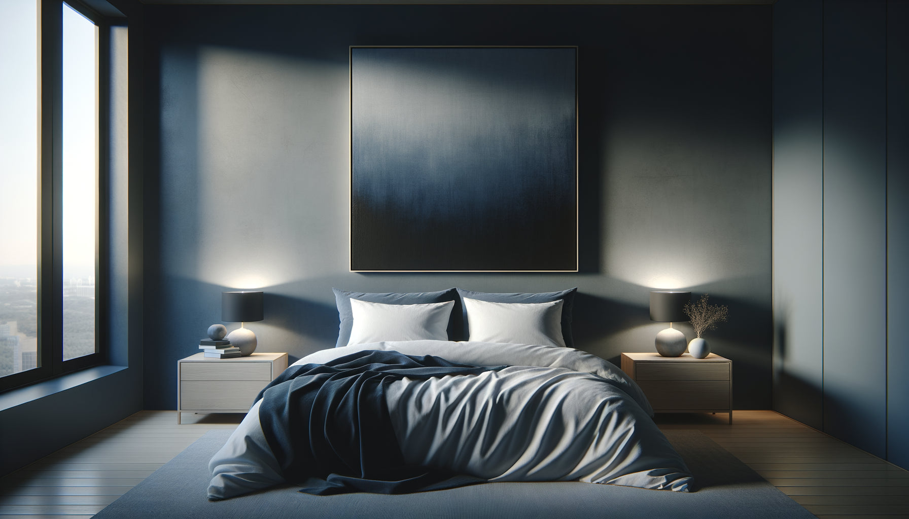 Tableau monochrome bleu indigo dans chambre minimaliste contemporaine créant une atmosphère apaisante propice au sommeil