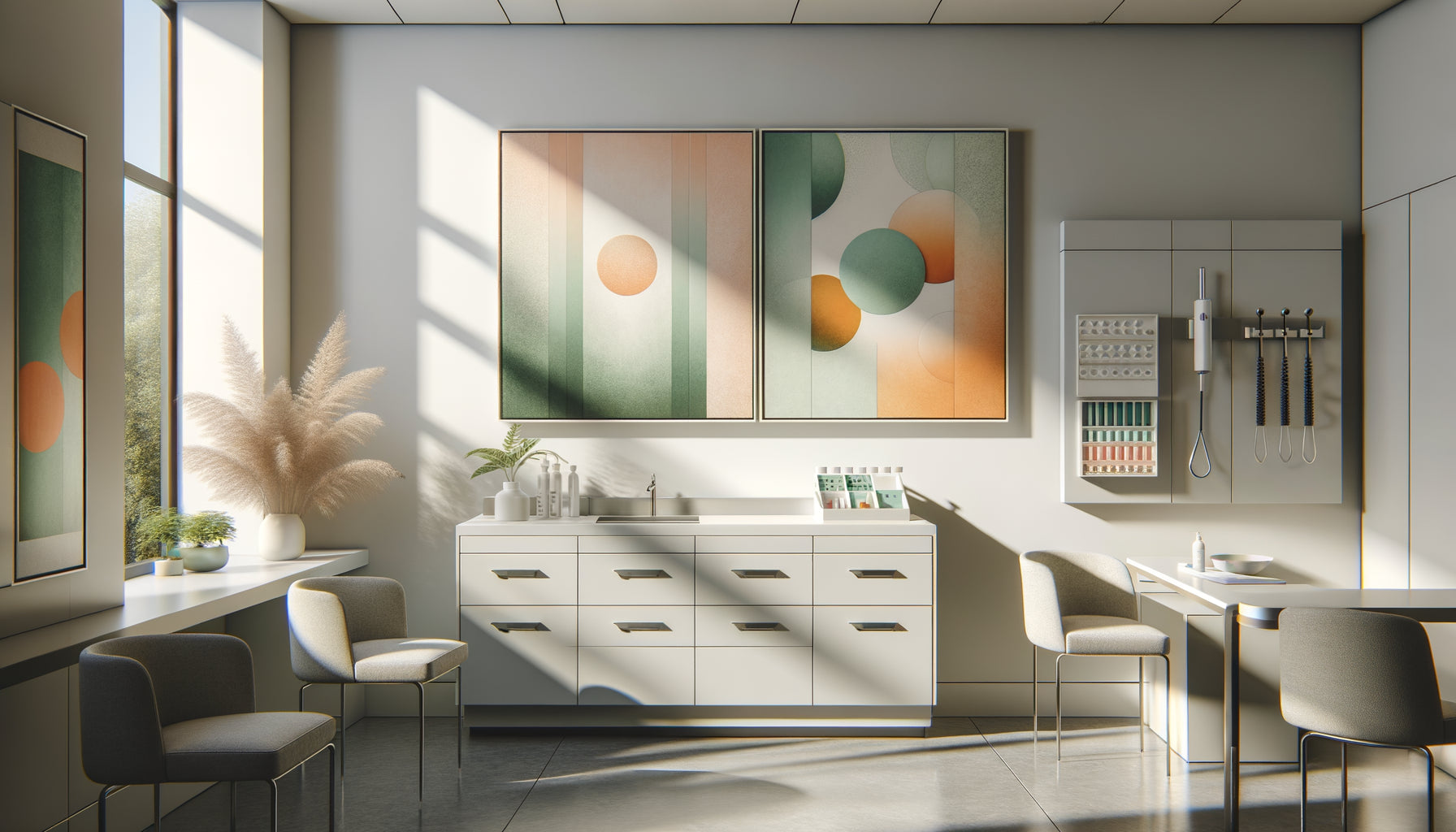 Cabinet médical moderne avec tableau monochrome vert doux et tableau multicolore pastel vitaminé côte à côte