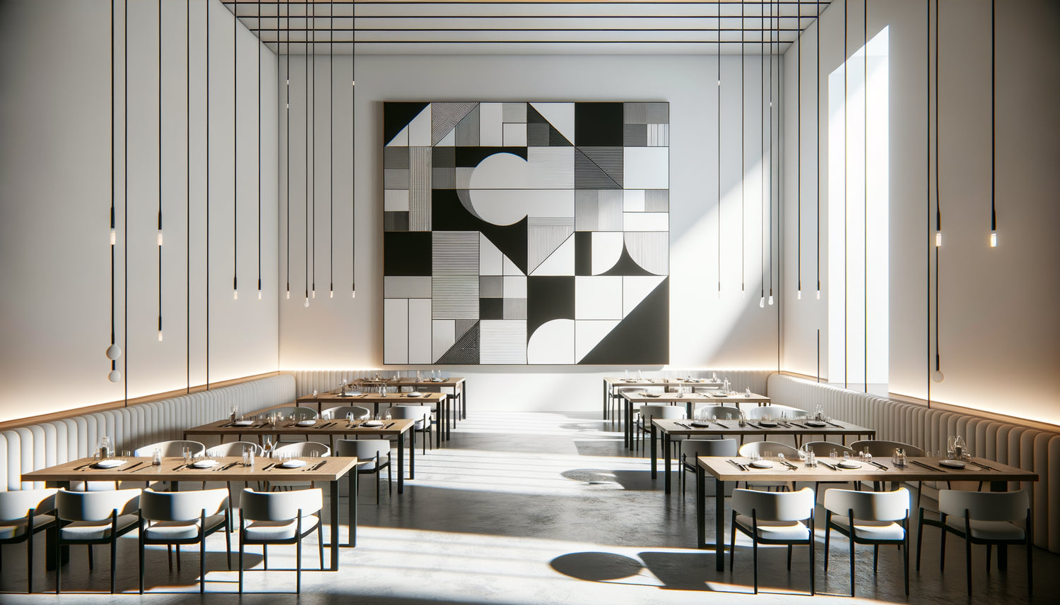 Tableau monochrome noir et blanc structurant l'espace épuré d'un restaurant minimaliste contemporain